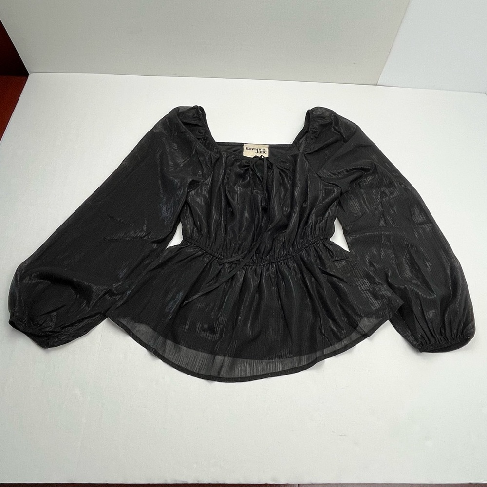 Savanna Jane Long Sleeve Babydoll Top Black Silver Tinsel Size Medium‎ Black